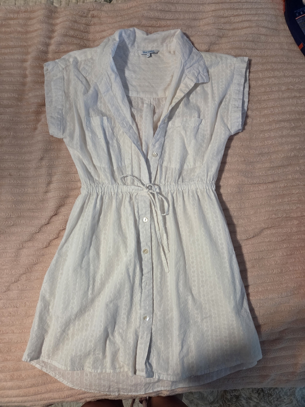 Blue Island 100% COTTON White Button-Front Midi Shirt Dress with Tie Waist